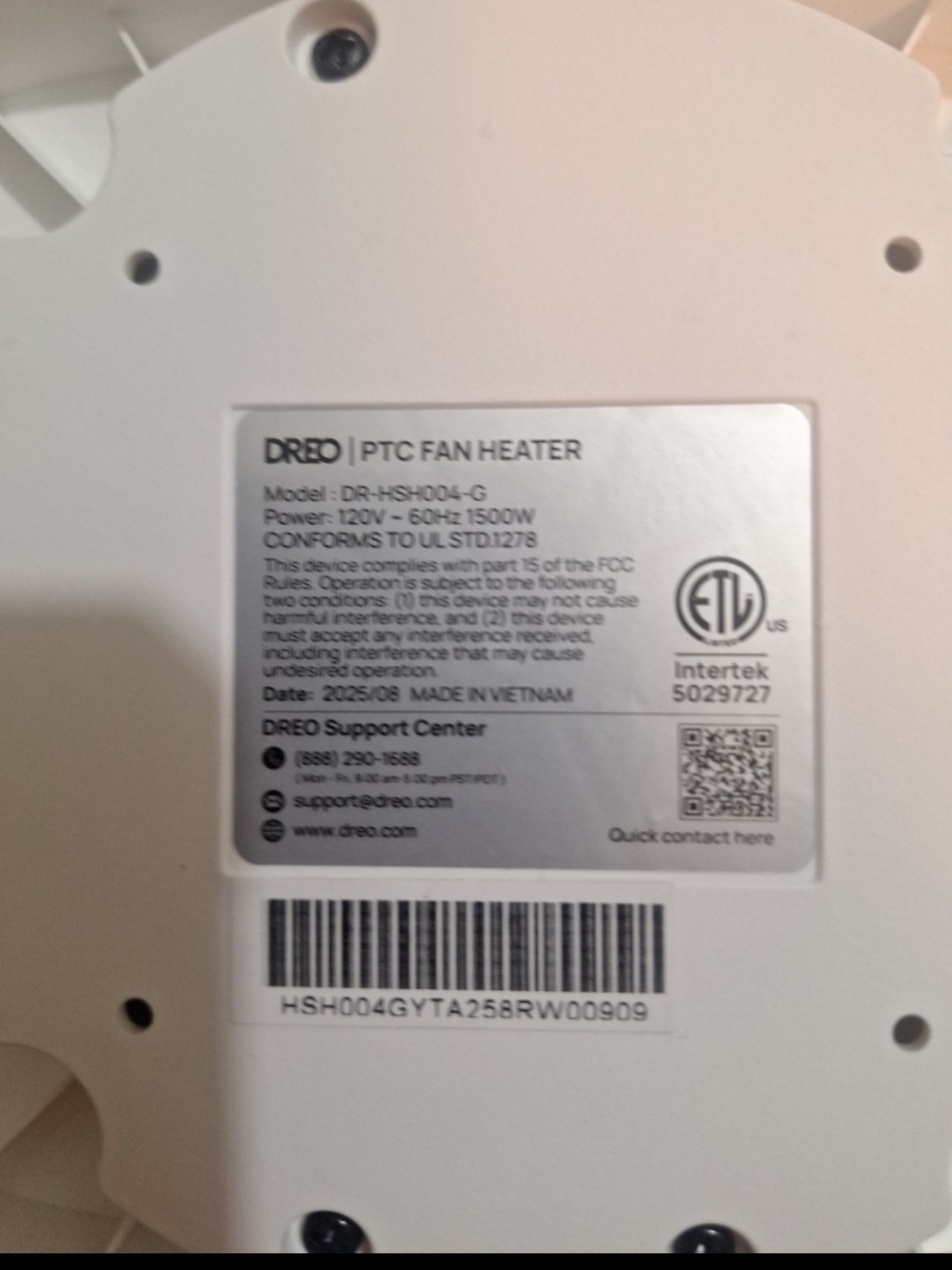 Dreo White PTC Fan Heater - 1500W Portable Ceramic Heater